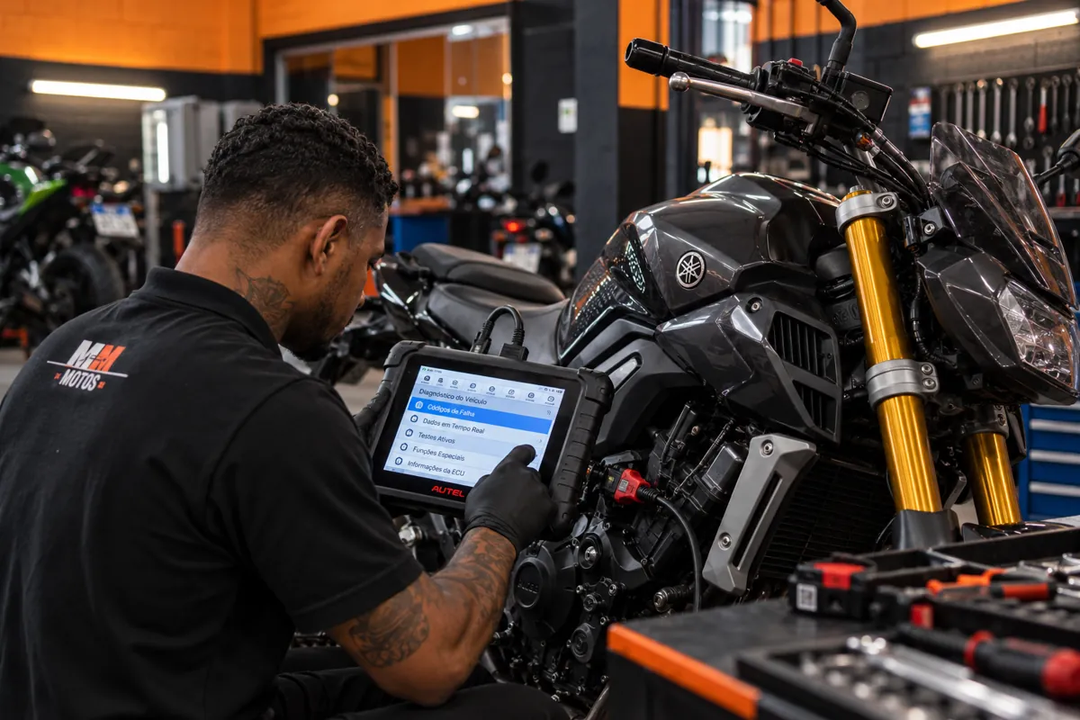Mecânico da MM Motos usando scanner de diagnóstico em uma motocicleta