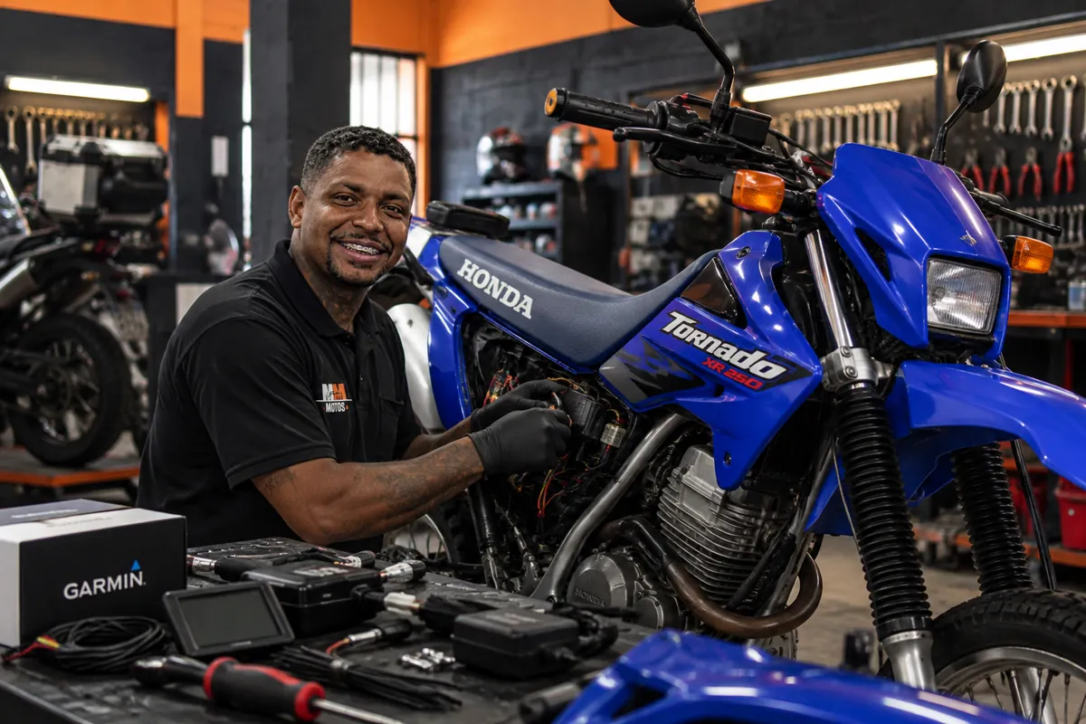 Mecânico da MM Motos instalando acessórios eletrônicos em uma motocicleta