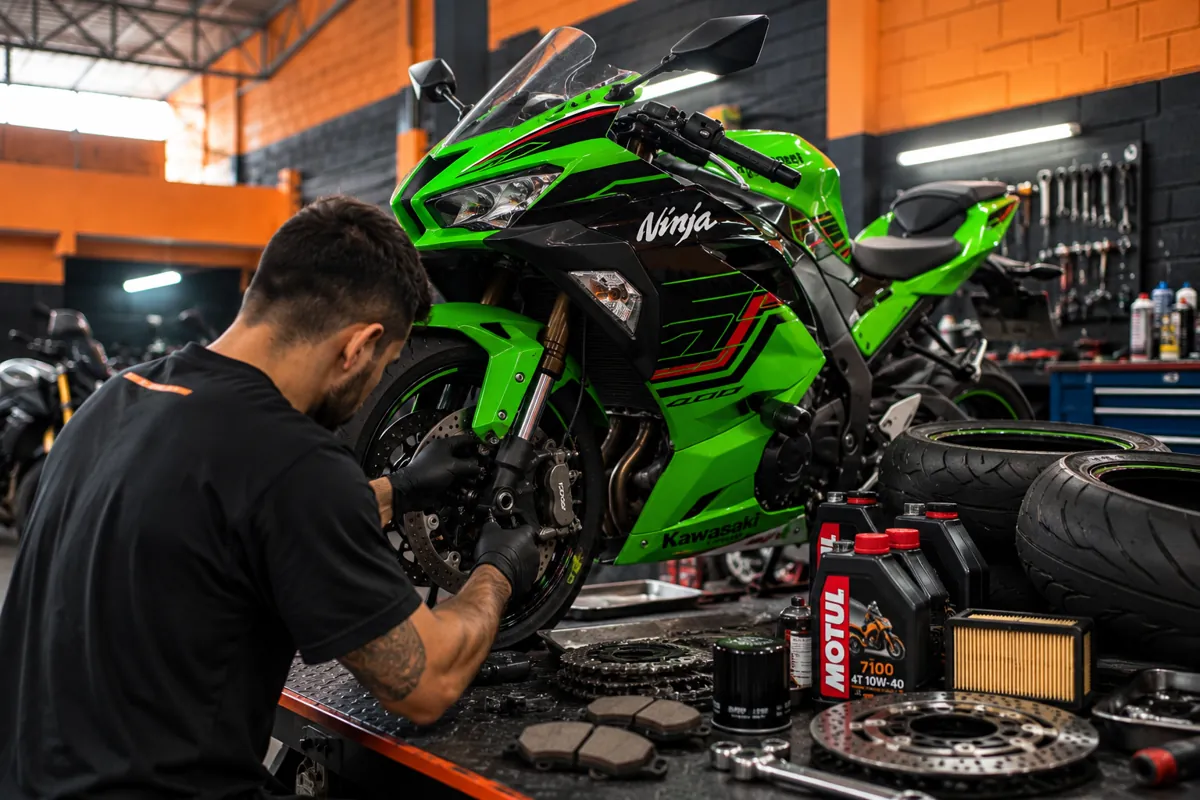 Mecânico da MM Motos fazendo manutenção preventiva nos freios de uma motocicleta esportiva