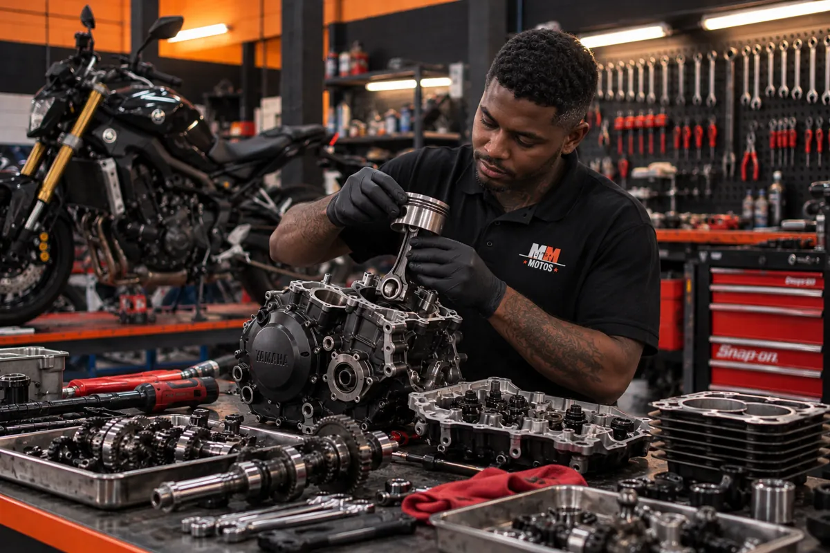 Mecânico da MM Motos montando pistão e biela durante a abertura de motor