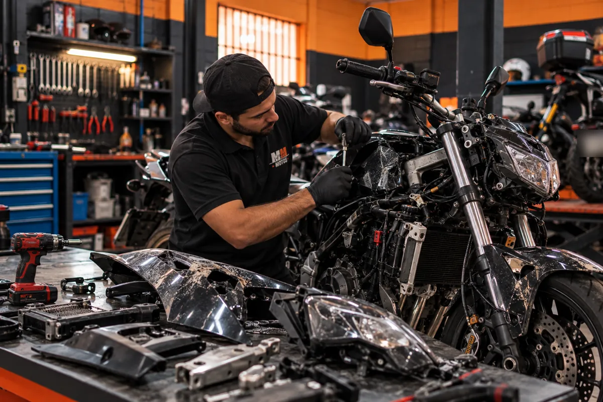 Mecânico da MM Motos recuperando uma motocicleta que sofreu queda