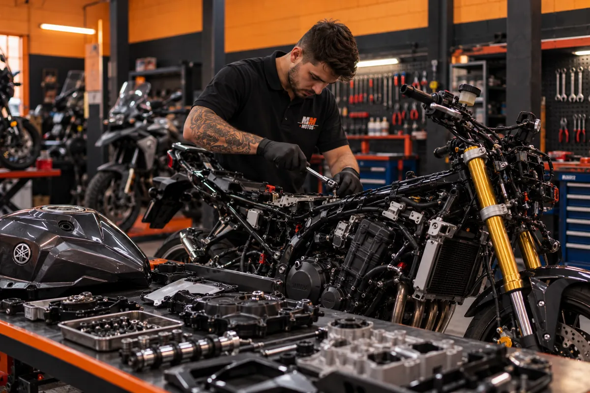Mecânico da MM Motos remontando uma motocicleta desmontada durante restauração completa