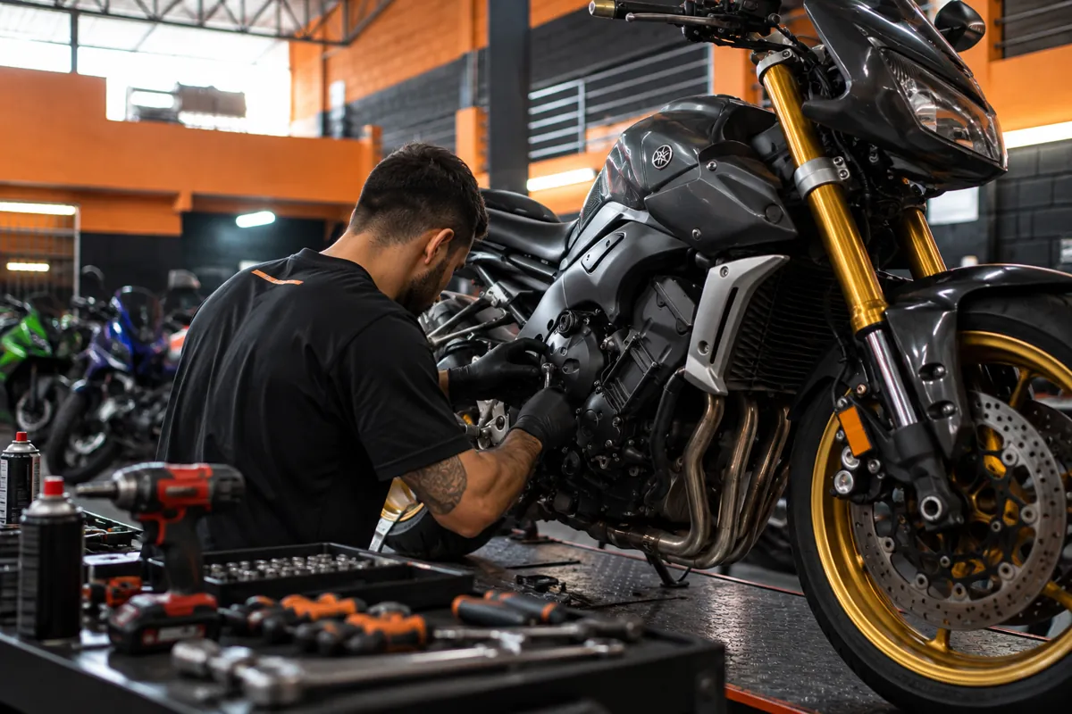 Mecânico da MM Motos realizando revisão em uma motocicleta